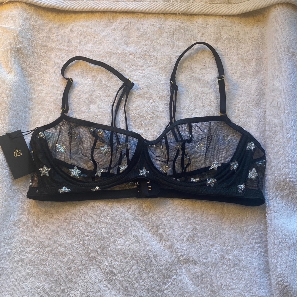 LE PETIT TROU Black Sheer Star Bra Bralette Mesh Sparkle‎ Lingerie M